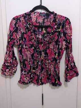 Notations Blouse -3/4 sleeve -Blue & Pink -Sz PM -Ruffle crinkle -100% Polyester